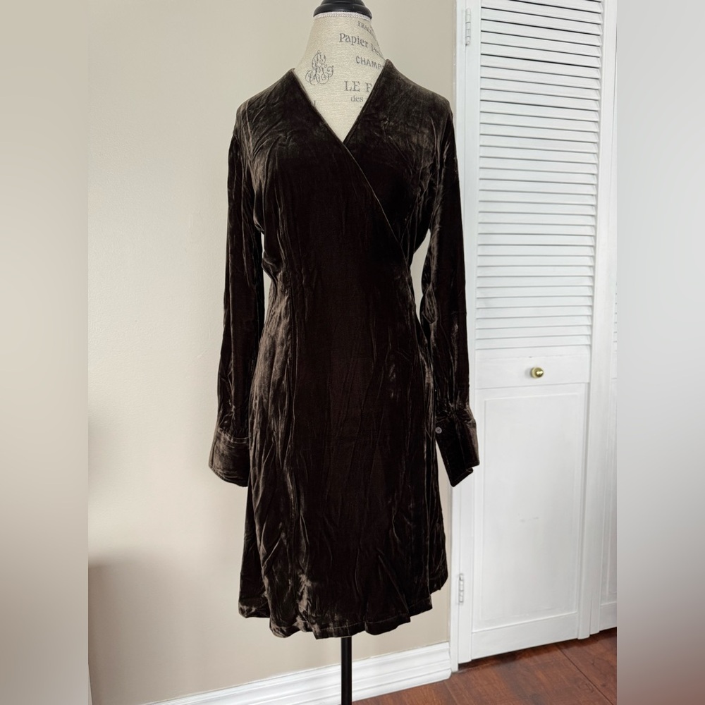 Long Sleeve Velvet Wrap Dress in Dark Brown - Women's